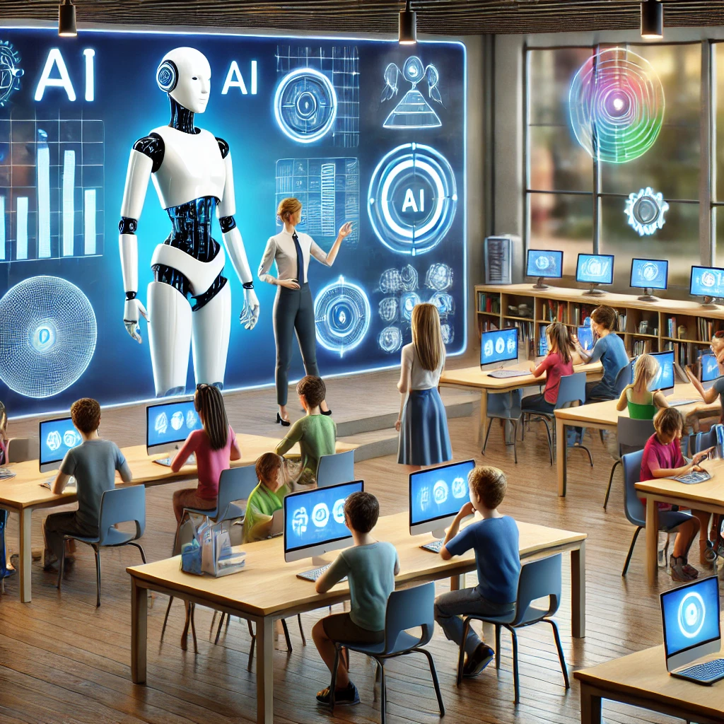 AI in Education: 1.Transforming Learning with Artificial Intelligence 1 DALL·E 2024 12 30 21.03.21 An illustration depicting the integration of Artificial Intelligence AI in education. The scene shows a futuristic classroom with students of divers 1